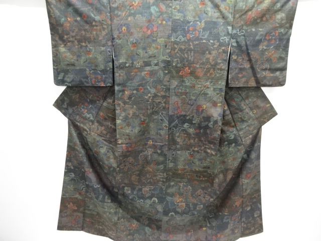 JAPANESE KIMONO / SILK / TSUMUGI / WOVEN ANIMALS & FLORAL SARASA